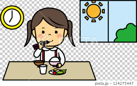 Elementary school girl eating breakfast Elementary school girl eating breakfast 124275447