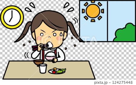 Elementary school girl eating breakfast in a hurry 124275448