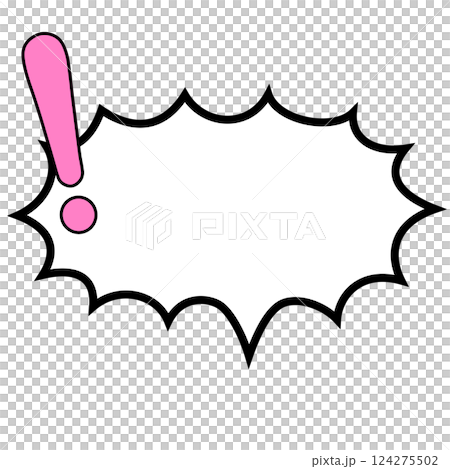 A horizontal, pink, explosion-shaped speech bubble with an exclamation mark on the left 124275502