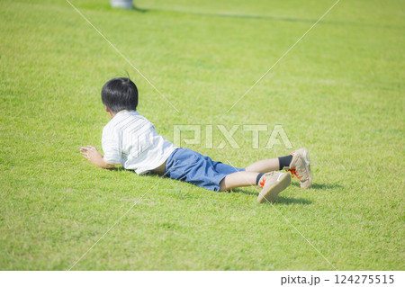 芝生に寝転がる男の子　 124275515