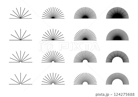 Straight radial lines in semicircle shape. Set of sun rays, sunbeam or sunburst icons isolated on white background. Radiance, blast, explosion or firework symbols. Vector graphic illustration Straight radial lines in semicircle shape. Set of sun rays, sunbeam or sunburst icons isolated on white background. Radiance, blast, explosion or firework symbols. Vector graphic illustration 124275688