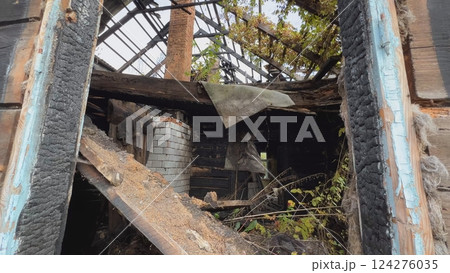 Remnants of a burnt wooden house with brick chimney revealing a tragic fire accident Remnants of a burnt wooden house with brick chimney revealing a tragic fire accident 124276035