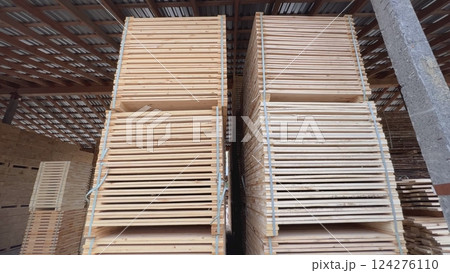 Stacks of wooden planks drying in warehouse, lumber industry Stacks of wooden planks drying in warehouse, lumber industry 124276110