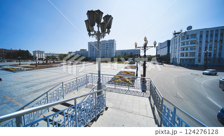 Khabarovsk, Russia - August 12, 2021: Beautiful architecture of the main streets of the city. 124276128