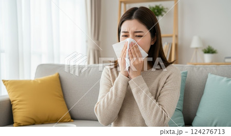 家のリビングで花粉症に悩む女性 124276713