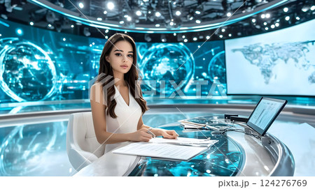 放送スタジオでカメラ前に座る若い女性アナウンサー。メディアの現場 放送スタジオでカメラ前に座る若い女性アナウンサー。メディアの現場 124276769