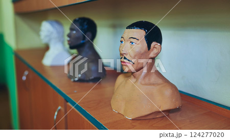 Plaster busts of caucasian, asian, and african ethnic groups are displayed on a classroom shelf, promoting diversity and inclusivity 124277020