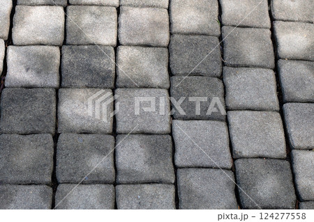 Gray concrete pavers, ideal for walkways, patios, or driveways. 124277558