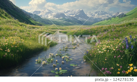 A river runs through a lush green valley with mountains in the background A river runs through a lush green valley with mountains in the background 124278130
