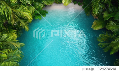 A beautiful blue ocean with palm trees in the background 124278348