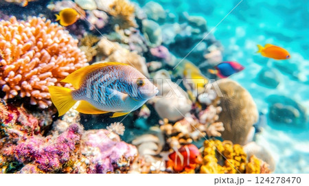 A colorful fish swims in front of a coral reef 124278470