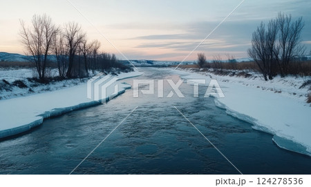 A frozen river with a beautiful blue color 124278536