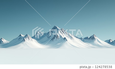 A mountain range with snow on the peaks and a clear blue sky 124278538