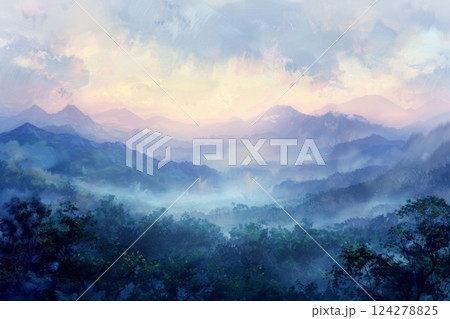 Misty Morning Over Blue Mountain Landscape 124278825