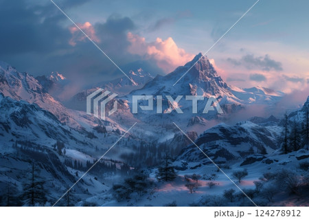 A mountain range covered in snow with a cloudy sky in the background 124278912