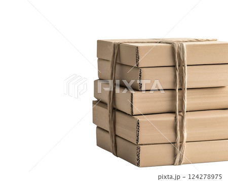 きつく束ねられた段ボールパッケージによるミニマルな配送ビジュアル、持続可能な包装テーマ 124278975