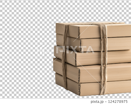 きつく束ねられた段ボールパッケージによるミニマルな配送ビジュアル、持続可能な包装テーマ 124278975