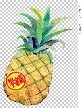 Watercolor illustration: Pineapple with a half-price sticker 124279140