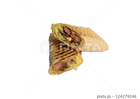 Grilled shawarma with traces of grilled on pita Grilled shawarma with traces of grilled on pita 124279246