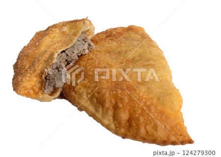 Yellow fried cheburek in a cut with an appetizing 124279300