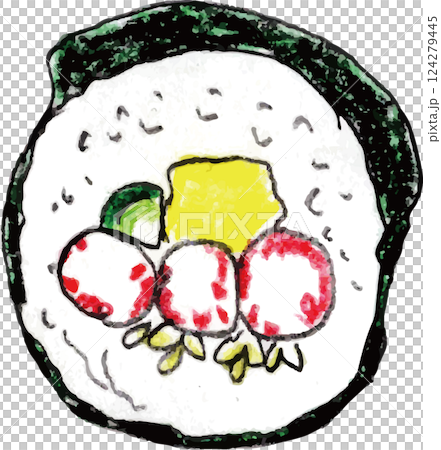 Hand-drawn sushi rolls drawn with colored pencils 124279445
