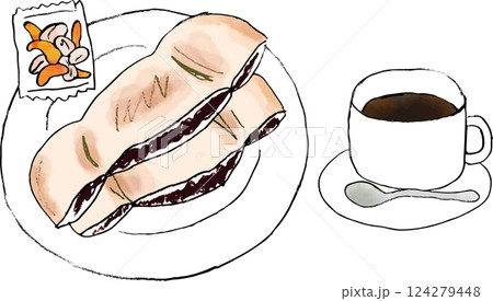 ホットサンドとホットコーヒーのイラストセット ホットサンドとホットコーヒーのイラストセット 124279448