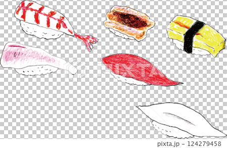 Delicious sushi illustration drawn with colored pencils 124279458