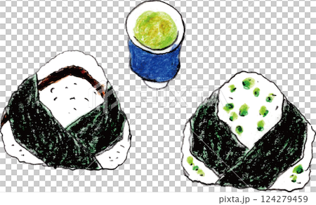 Rice balls and green tea drawn with colored pencils 124279459