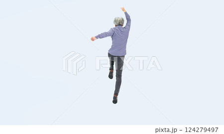 元気にジャンプするシニア男性の後ろ姿の全身写真 124279497