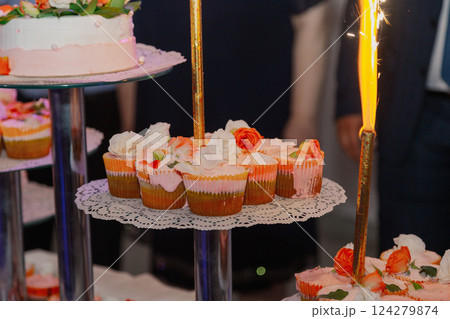 Beautifully decorated wedding cakes on a special 124279874