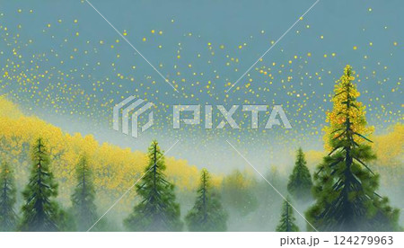 スギやヒノキの森林から花粉が空中へ飛散されるイメージの油絵風イラスト  花粉症 124279963
