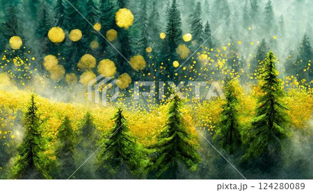 スギやヒノキの森林から花粉が空中へ飛散されるイメージの油絵風イラスト  花粉症 124280089