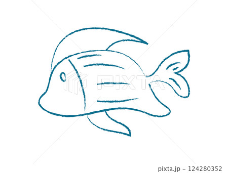 Aquatic fish silhouette. Cartoon depiction of a swimming creature. Underwater life, doodle style, perfect for summer icons or designs. Chalk and crayon style Aquatic fish silhouette. Cartoon depiction of a swimming creature. Underwater life, doodle style, perfect for summer icons or designs. Chalk and crayon style 124280352