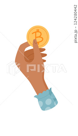 Hand holding a bitcoin coin. Female palm presents digital money. Finance gesture, graphic style, potential for crypto financial content or digital currency themes. 124280442