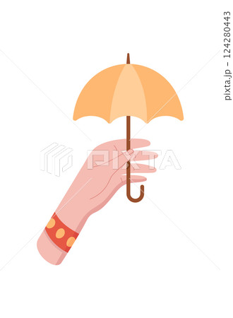 Hand holding an umbrella icon. Gesture of giving and receiving with a flat style. This graphic illustrates a human element, perfect for concepts related to protection or safety. Hand holding an umbrella icon. Gesture of giving and receiving with a flat style. This graphic illustrates a human element, perfect for concepts related to protection or safety. 124280443