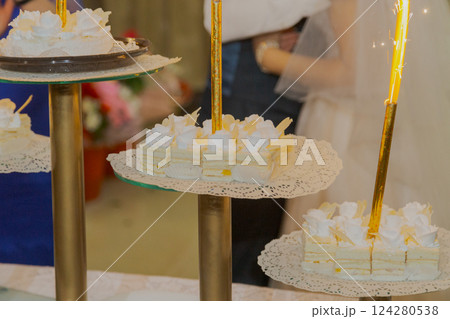 Appetizing wedding cake on a special tray with Appetizing wedding cake on a special tray with 124280538