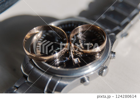 Wedding accessories of the groom on the floor 124280614