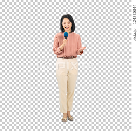 Middle-aged woman speaking into a microphone. Full-body photo PNG with transparent background precisely cut out by hand. Middle-aged woman speaking into a microphone. Full-body photo PNG with transparent background precisely cut out by hand. 124280844