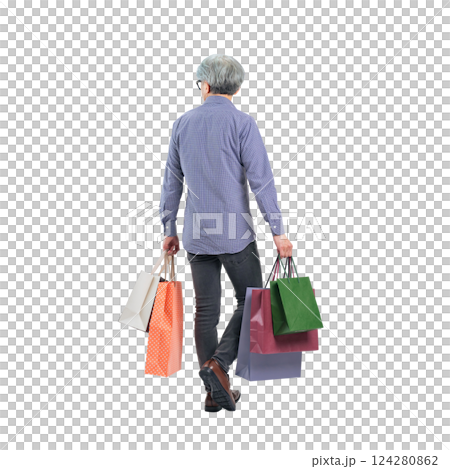 The back view of a senior man walking with a shopping bag. A transparent full-body photo PNG precisely cut by hand 124280862