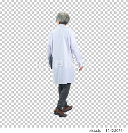 歩くシニア男性医師・科学者・研究者の後ろ姿　手作業で精密に切り抜いた背景透過全身写真PNG 124280864