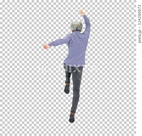 The back view of a senior man jumping energetically. A transparent full-body photo PNG precisely cut by hand 124280872