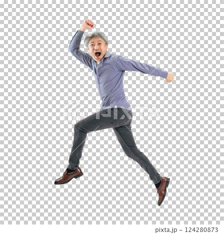 A senior man jumping energetically. A transparent full-body photo PNG precisely cut by hand 124280873