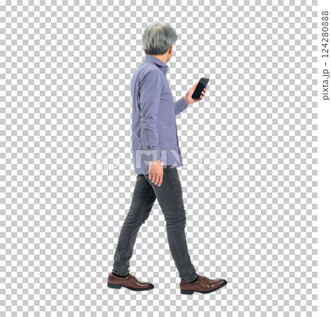 Senior man walking with a smartphone. Full-body photo PNG with transparent background precisely cut by hand 124280888