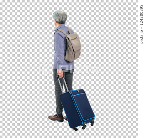 The back view of a senior man walking with a carry bag. A transparent full-body photo PNG precisely cut by hand 124280895