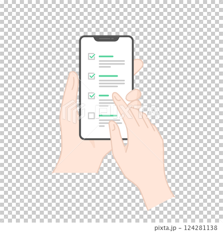 Vector icon of tapping a checklist on a smartphone held in hand (line drawing / flat) Vector icon of tapping a checklist on a smartphone held in hand (line drawing / flat) 124281138