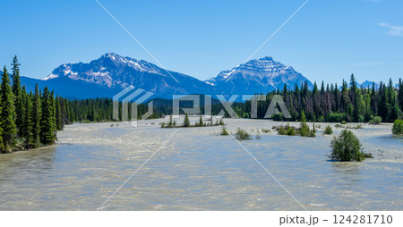 Athabasca River with Mount Kerkeslin and Mount Hardisty, Jasper National Park, Canada. Athabasca River with Mount Kerkeslin and Mount Hardisty, Jasper National Park, Canada. 124281710