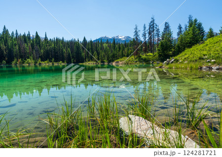 The Second Lake of Valley of the Five Lakes. Tranquil Turquoise Lake in Jasper National Park, Alberta, Canada. 124281721