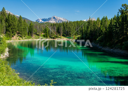 The Third Lake of Valley of the Five Lakes. Tranquil Turquoise Lake in Jasper National Park, Alberta, Canada. The Third Lake of Valley of the Five Lakes. Tranquil Turquoise Lake in Jasper National Park, Alberta, Canada. 124281725