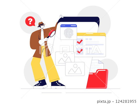 Private Investigator Illustration Featuring Detective Services with Magnifier, Binoculars, Photo Camera and Newspaper Articles for Crime Investigation Private Investigator Illustration Featuring Detective Services with Magnifier, Binoculars, Photo Camera and Newspaper Articles for Crime Investigation 124281955