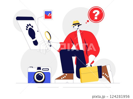 Private Investigator Illustration Featuring Detective Services with Magnifier, Binoculars, Photo Camera and Newspaper Articles for Crime Investigation 124281956